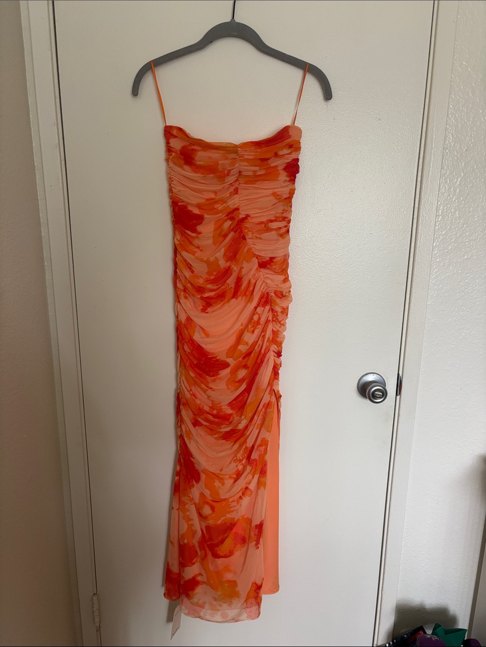 Abercrombie & Fitch Orange Printed Strapless Ruched Maxi Dress